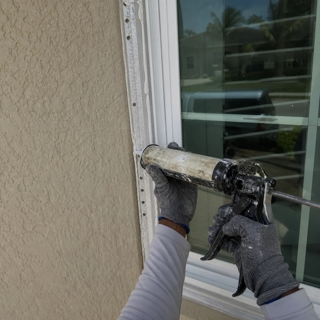 Professional construction worker applying window sealant with a caulking gun