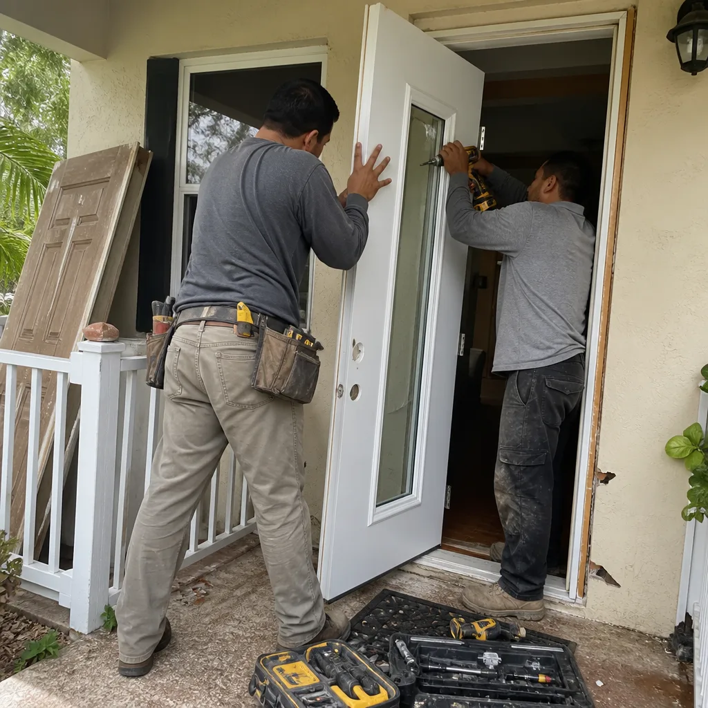 Two construction workers installing a white residential door.